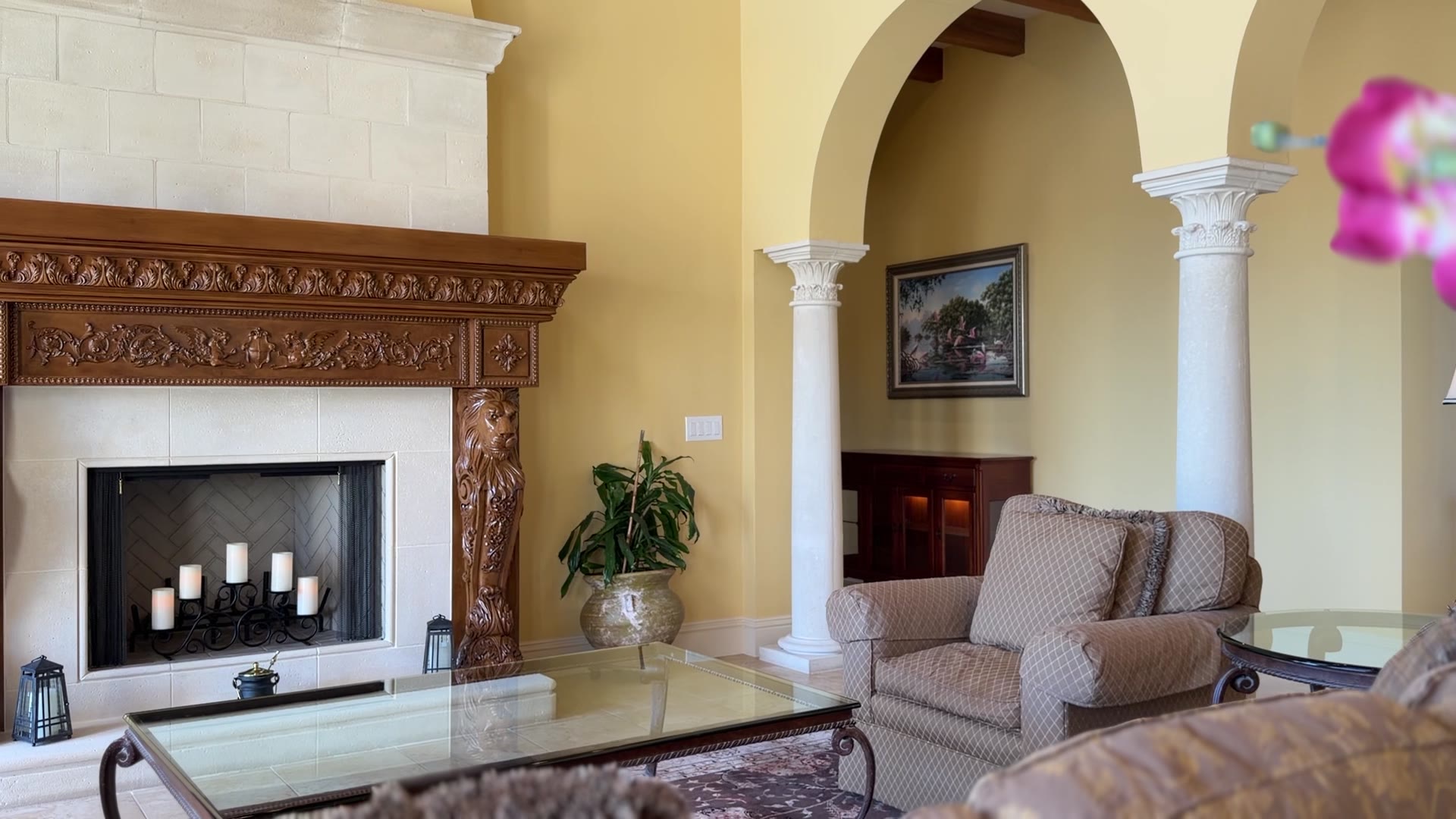 Carved fireplace in the formal living room